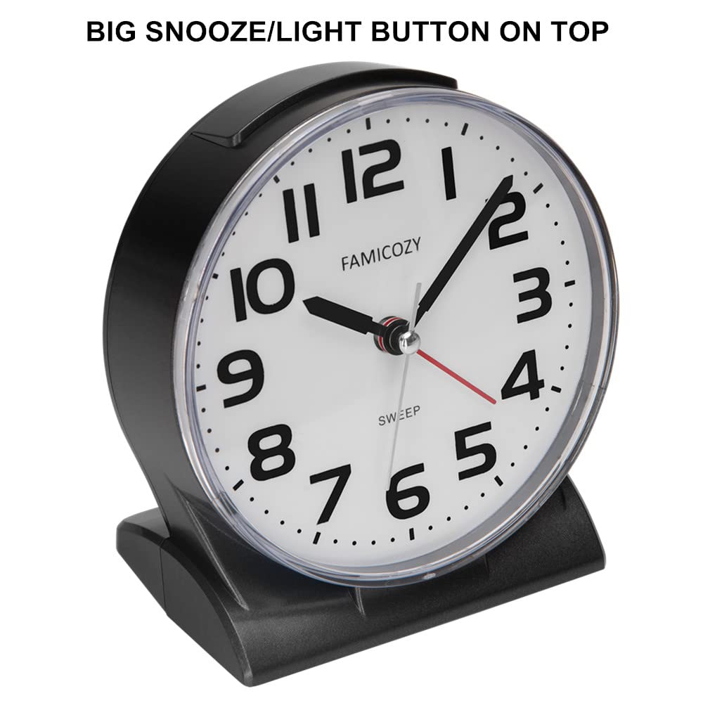 FAMICOZY Analog Alarm Clock Silent Readable Gradual Rise Alarm Big Numbers Black Hard Plastic Battery Operated
