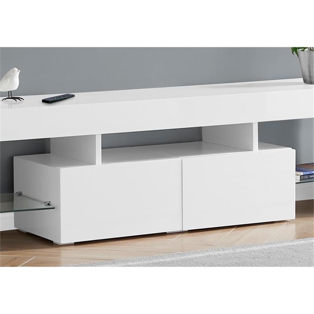Monarch Specialties I 3548 Tv Stand, 63 Inch, Console, Media Entertainment Center, Storage Cabinet, Living Room, Bedroom, Laminate, Glossy White, Clear