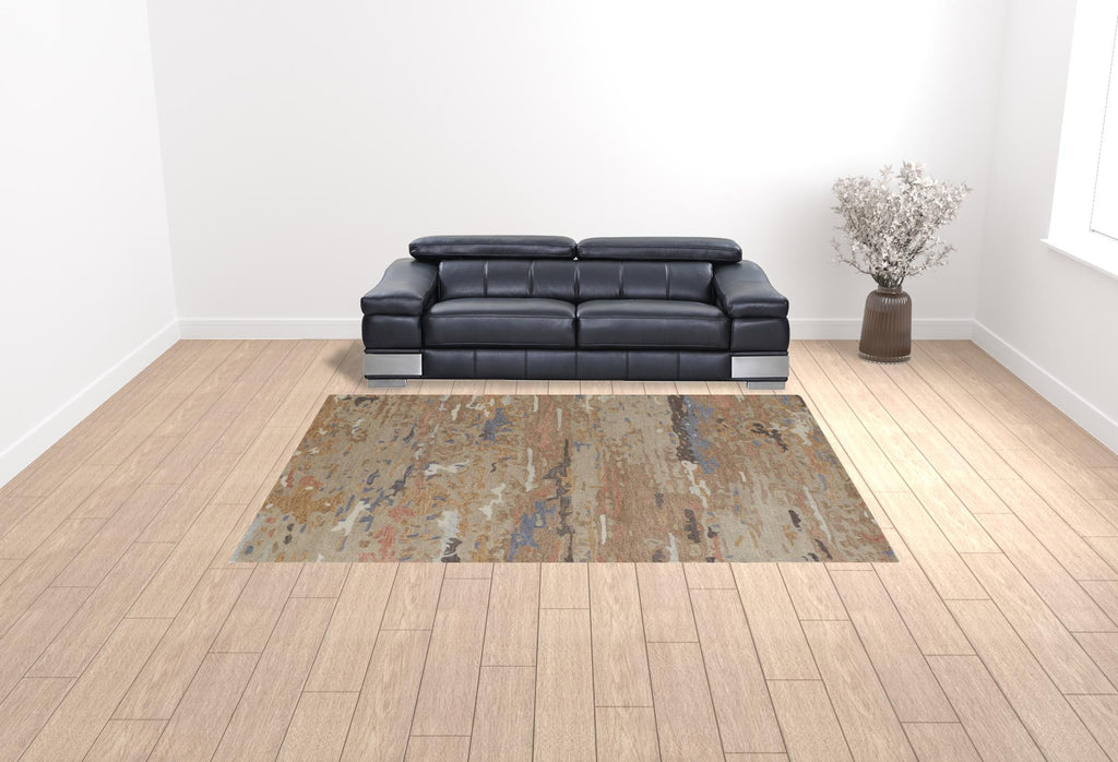 HomeRoots 513610 9 x 12 ft. Tan & Blue Wool Abstract Hand Tufted Handmade Stain Resistant Rectangle Area Rug