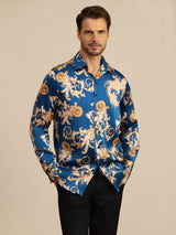 [Navy Dragon] SilkSilky Long Sleeve Lapel Collar Men's Shirt 003