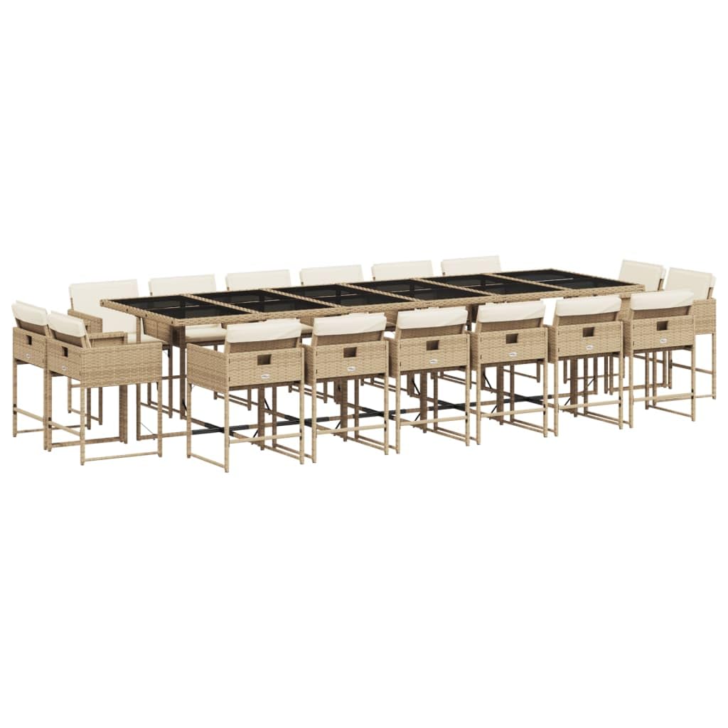 vidaXL 17-Piece Patio Dining Set - Outdoor Garden Furniture with Cushions, Glass Top - Beige Poly Rattan