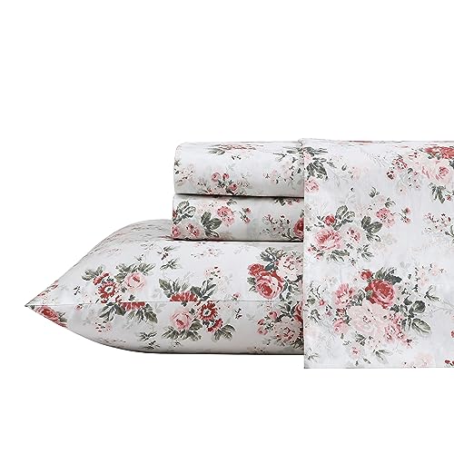 Laura Ashley - King Sheets, Cotton Percale Bedding Set, Crisp & Cool Home Decor (Ashfield Pink, King)