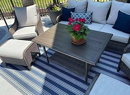 Mad Mats Geometric Outdoor Rug, Reversible Plastic Mat (4' X 6', Vertical Stripe - Blue/White)