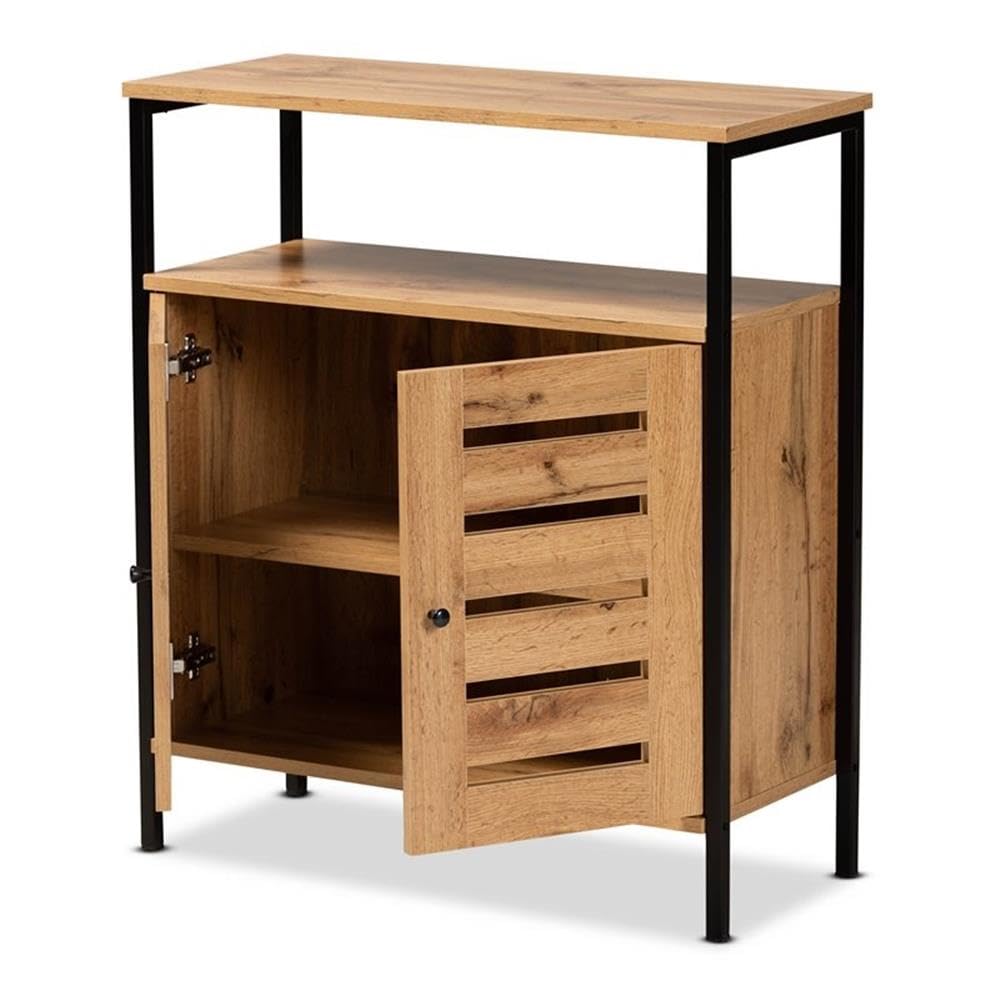 Baxton Studio Vander Modern and Contemporary Oak Brown Finished Wood and Black Metal 2-Door Shoe Cabinet