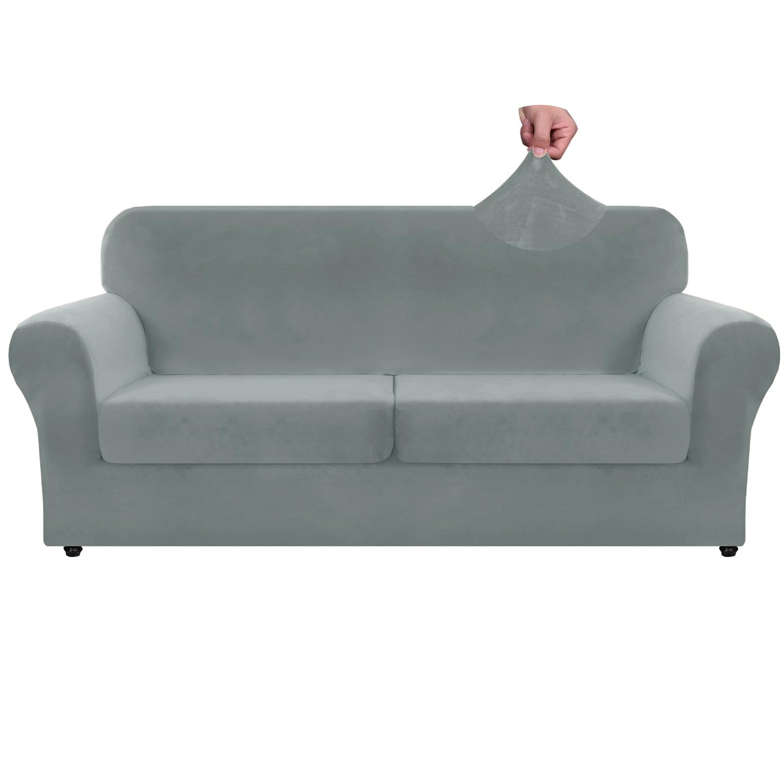 Znsayotx Oversized Velvet 3 Piece Couch Cover With 2 Extra Large Seat Cushion Covers Stretch Sofa Cover For 2 Cushion Couch Thick Soft Loveseat Sofa Slipcover (Light Grey),71'-91'(2 Cushions)