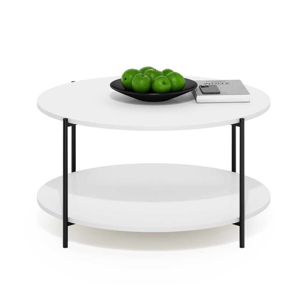 Furinno Besi 2-Tier Modern Round Coffee Table Table with Sturdy Metal Legs, White/Black