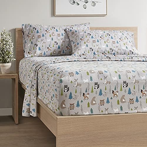 Comfort Spaces Cotton Flannel Breathable Warm, Deep Pocket Sheets With Pillow Case Bedding, King, Multi Forest Animals 4 Piece