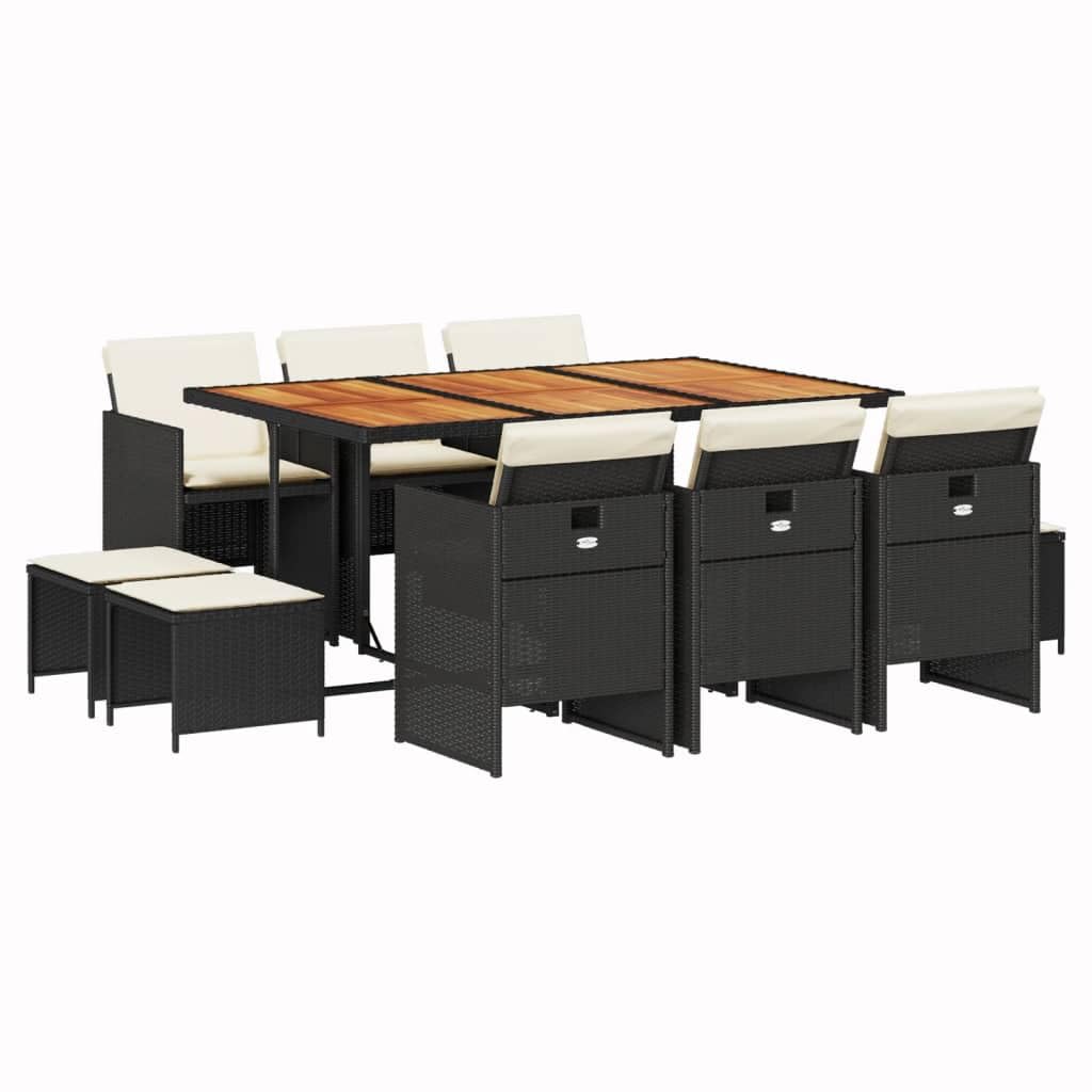 vidaXL 11 Piece Patio Dining Set - Black Poly Rattan with Cushions - Acacia Wood Tabletop - Space-Saving Foldable Chairs - Ideal for Garden, Backyard, Patio, Deck
