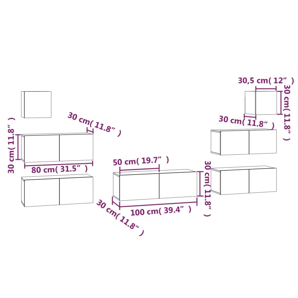 vidaXL TV Stand Set 7 Piece, Wall Mounted Entertainment Center, TV Stand Console with Storage, Modern Style, White Engineered Wood