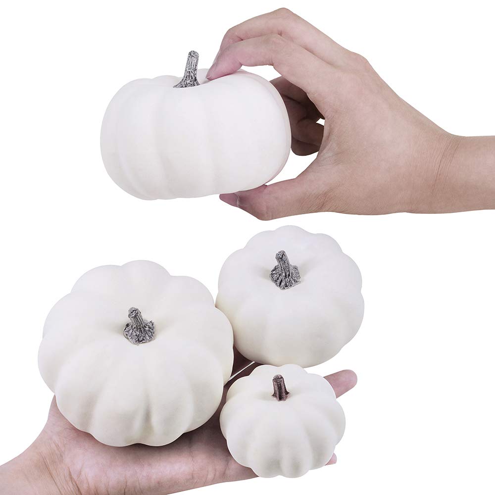 Besttoyhome 12 Pcs Assorted Sizes Rustic Harvest White Artificial Pumpkins For Halloween, Fall Thanksgiving Decorating Harvest E