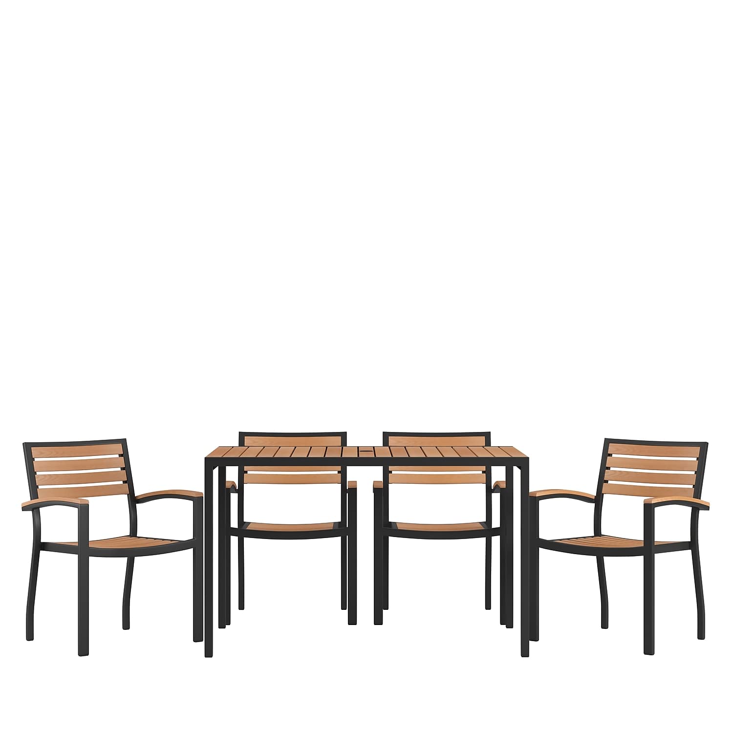 Flash Furniture Lark 5 Piece Outdoor Dining Table Set - Synthetic Teak Poly Slats - 30 x 48 Steel Framed Table with Umbrella Hol
