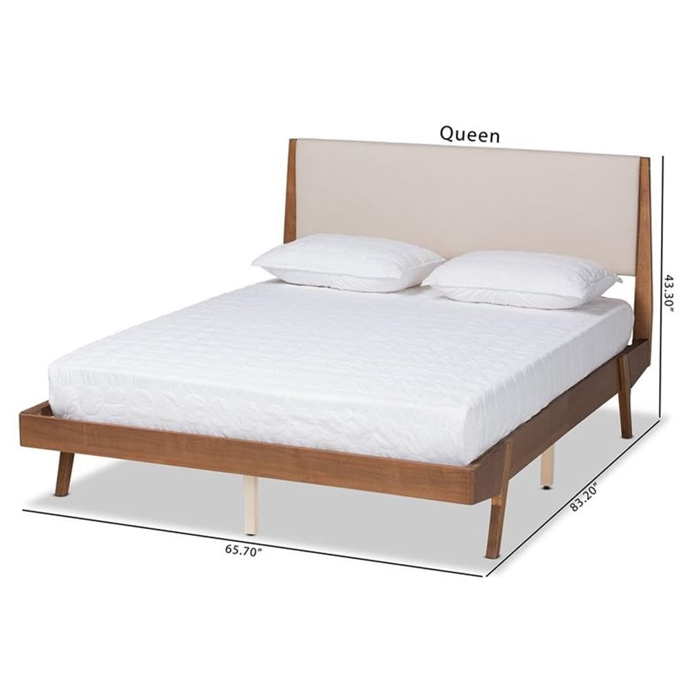 Baxton Studio Senna Mid-Century Modern Beige Fabric Upholstered and Walnut Brown Finished Wood Full Size Platform Bed