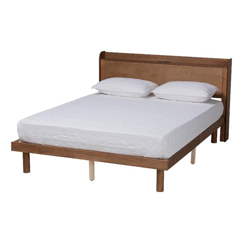 Baxton Studio Decker Mid-Century Modern Transitional Walnut Brown Finished Wood Full Size Platform Bed with Charging Station