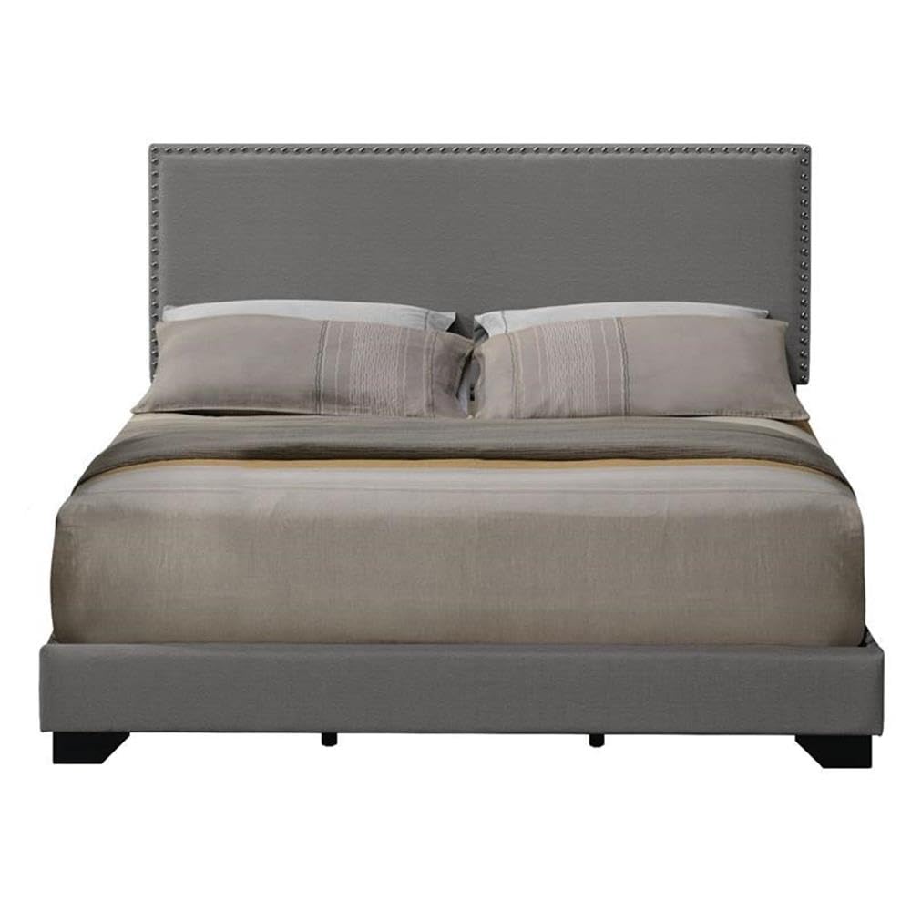 Acme Leandros Fabric Upholstered Queen Bed with Nailhead Trim in Light Gray