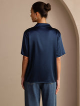 [Dark Blue] SilkSilky  Short Sleeve Lapel Collar Women's Shirts 002