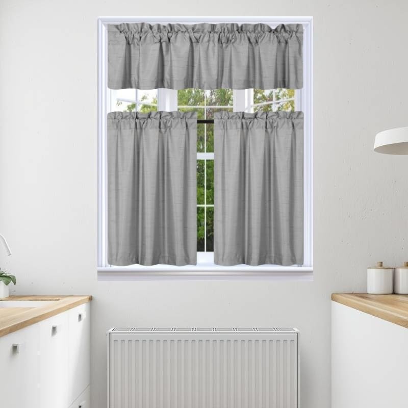 3Pc Set Solid Faux Silk Lined Blackout Rod Pocket Small Kitchen Window Curtain With Valance (K3) (Silver Gray)