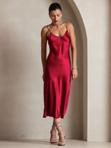 [Wine] SilkSilky  Spaghetti Strap V Neck Dress 005