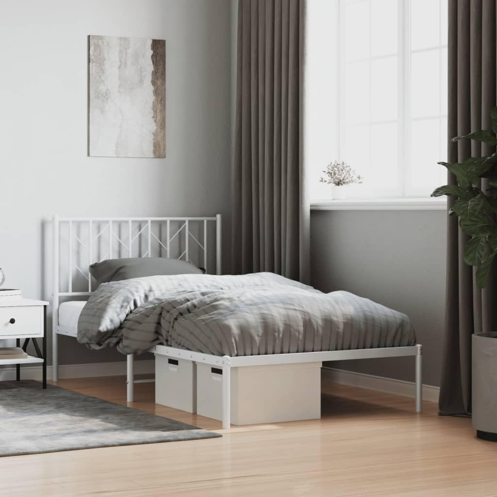 vidaXL Robust Steel Bed Frame with Headboard and Extra Storage Space - Full Size Classic White Mattress Foundation