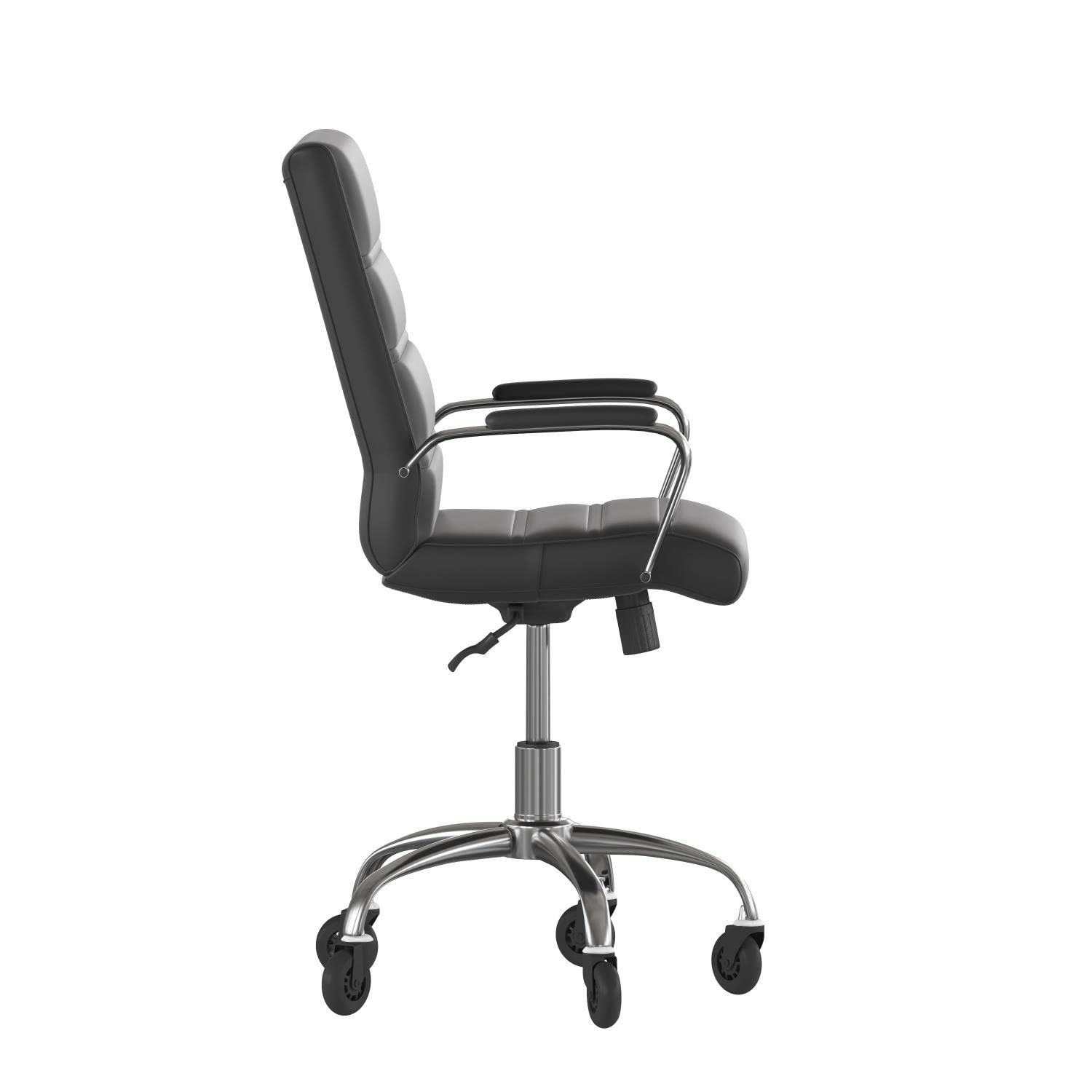 Flash Furniture Camilia Mid-Back Executive Swivel Office Chair With Chrome Frame, Arms, And Transparent Roller Wheels, 24&Quot;, Black Leathersoft