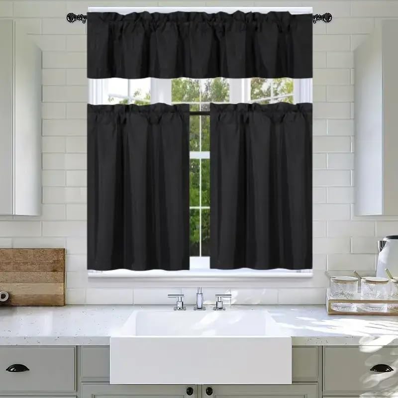 3Pc Set Solid Faux Silk Lined Blackout Rod Pocket Small Kitchen Window Curtain with Valance (K3) (Orange)