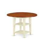 East West Furniture SUAN3-BMK-W 3 Piece Dining Room Table Set Contains a Round Dining Table with Dropleaf & Shelves and 2 Wood Seat Chairs, 42x42 Inch, Buttermilk & Cherry