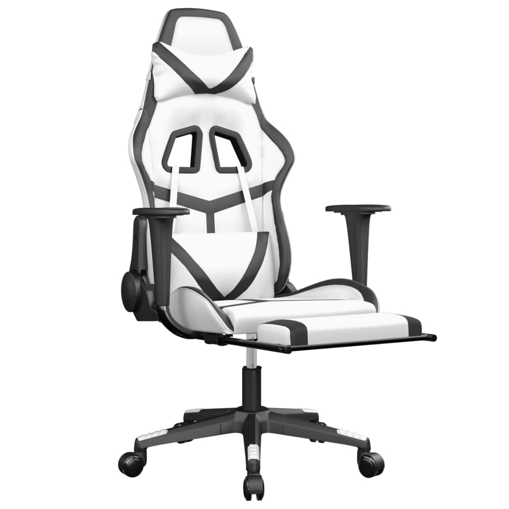 vidaXL Faux Leather Adjustable Massage Gaming Chair with Footrest - Comfortable, Versatile Gaming and Office Seating Solution That Transforms to Lying Bed, Modern White & Black Design