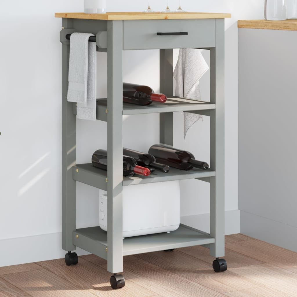 vidaXL Solid Wood Pine Kitchen Trolley Cart - Rolling Utility Organizer with Drawers, Shelves, and Wheels, Gray/Honey Wax, 18.9x15.7x35.4