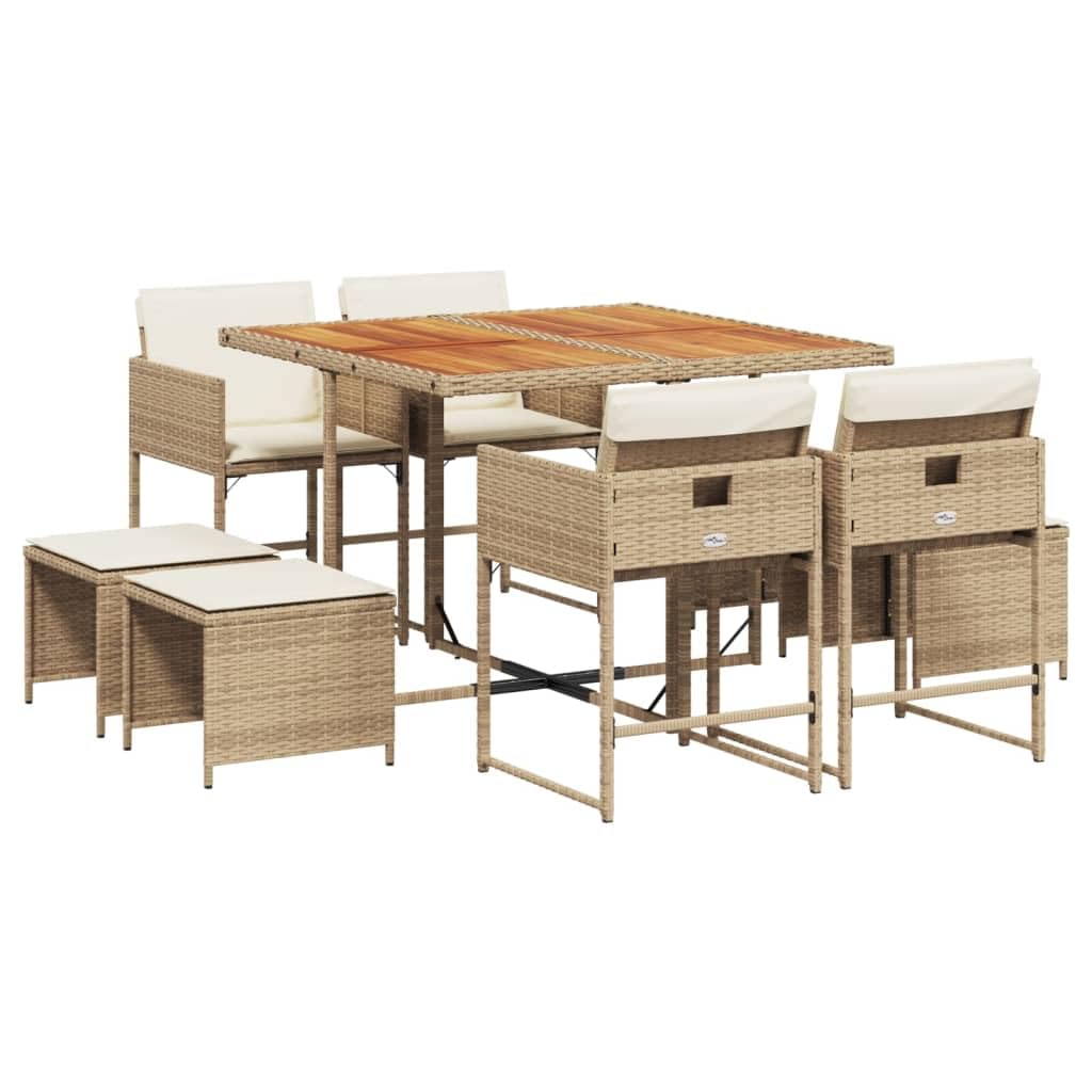 vidaXL - 9 Piece Patio Dining Set with Cushions - Beige Poly Rattan - for Garden, Backyard, Patio - Space-Saving with Flap Backrest, Removable Covers - Acacia Wood Table - UV and Weather Resistant