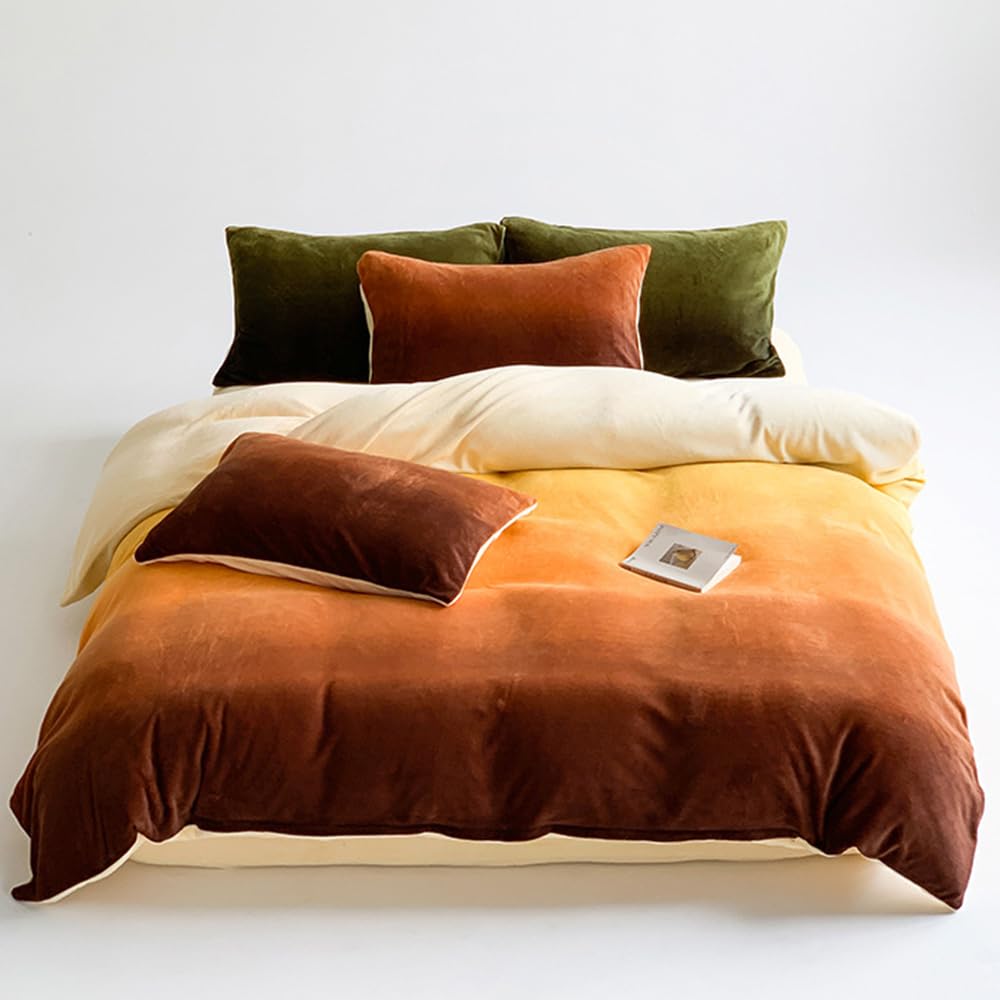Clothknow Orange Yellow Velvet King Size Comforter Set 3Pcs Yellow Beige Gradient Bedding Comforter Sets Dark Yellow Velvet Comforter Soft Caramel King Comforter Set