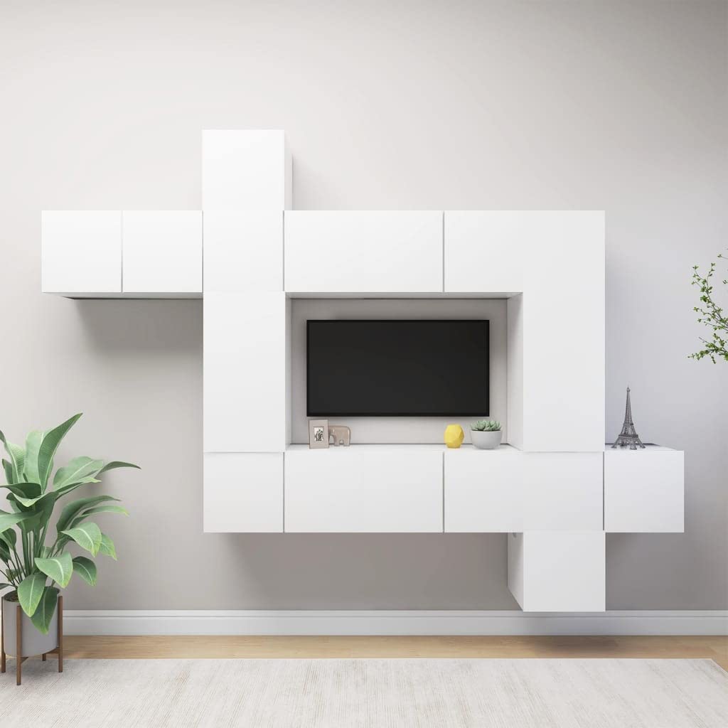 vidaXL TV Cabinet Set 10 Piece Home Indoor Living Room Hanging Wall-Mounted Stereo Plasma HiFi Cabinet TV Unit Furniture White Engineered Wood