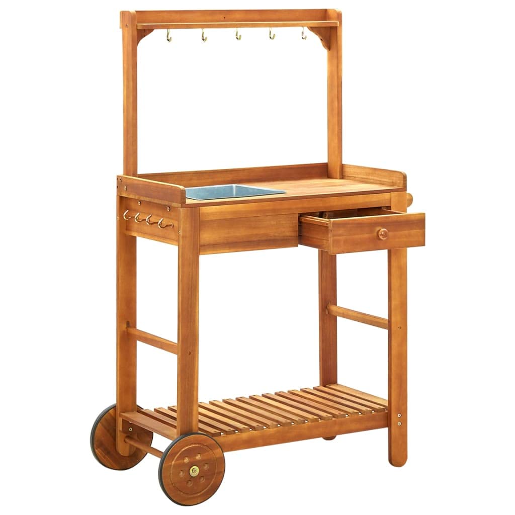 vidaXL Garden Kitchen Trolley with Storage and Hooks, Portable Serving Cart, Solid Acacia Wood Construction, Indoor or Outdoor Use, Brown