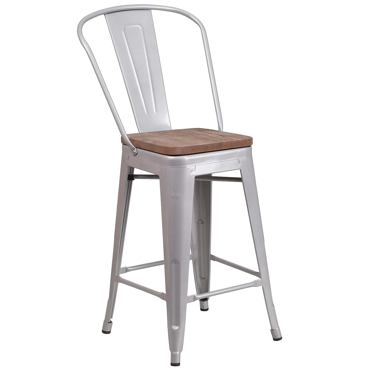 Flash Furniture Lily 24 High Silver Metal Counter Height Stool with Back and Wood Seat (Pack of 1)