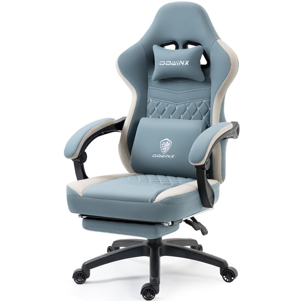Dowinx Gaming Chair Breathable Fabric Computer Chair With Pocket Spring Cushion, Comfortable Office Chair With Gel Pad And Storage Bag,Massage Game Chair With Footrest,Blue