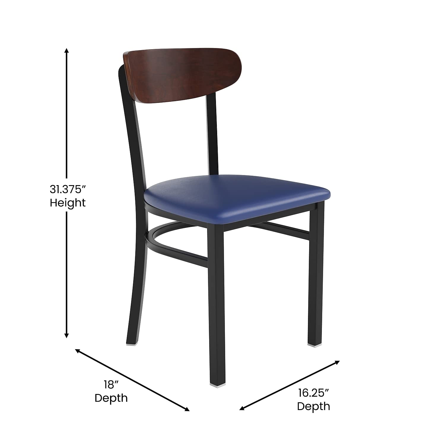 Flash Furniture Wright Commercial Dining Chair 519 LB. Capacity Black Steel Frame-Integrated Footrest, 1 Pack, Walnut Wood Back/Blue Vinyl Seat