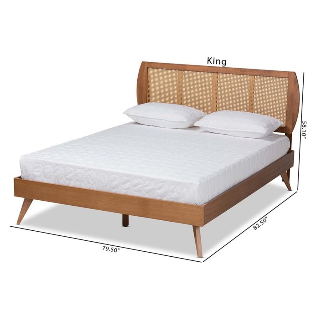 Baxton Studio Asami Mid-Century Modern Walnut Brown Finished Wood and Synthetic Rattan King Size Platform Bed