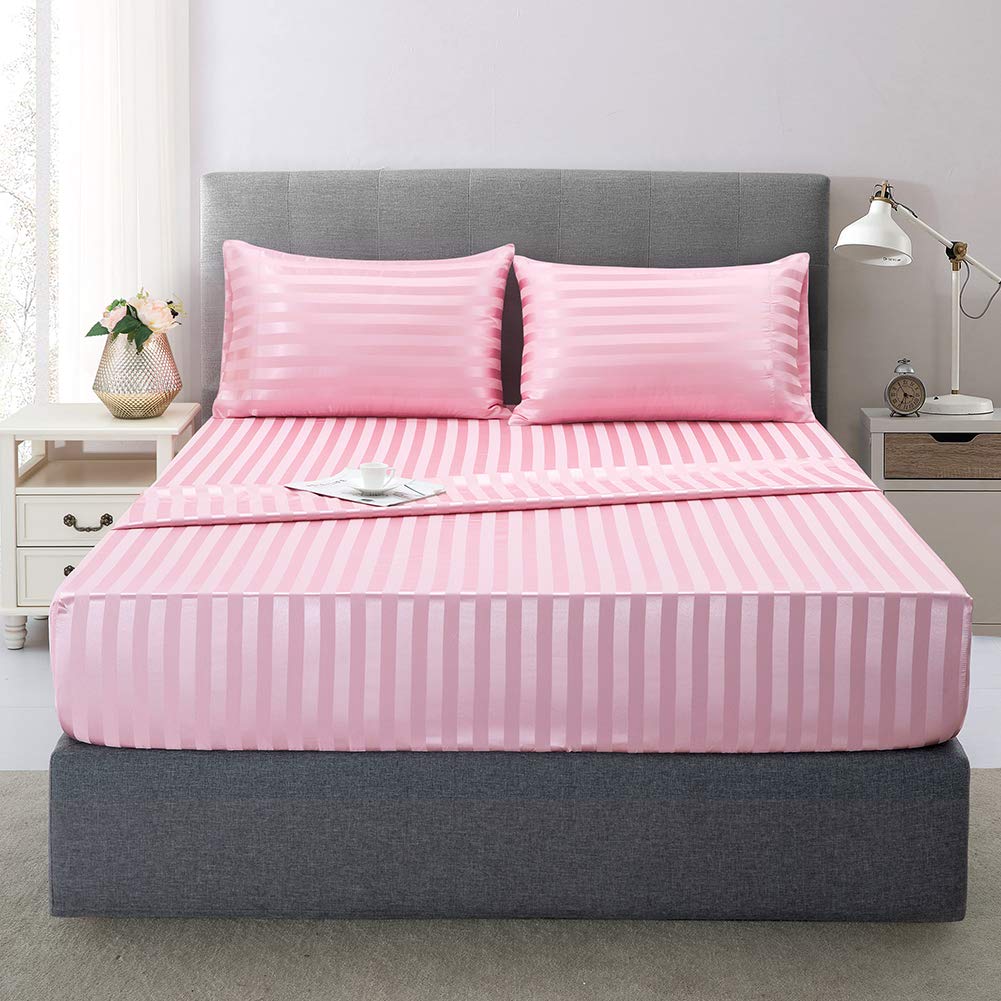 Lanest Housing Pink Striped Satin-Silk Queen Sheets Set, Hypoallergenic, Cooling, Deep Pocket, Wrinkle & Fade Resistant, 4 Piece Bedding