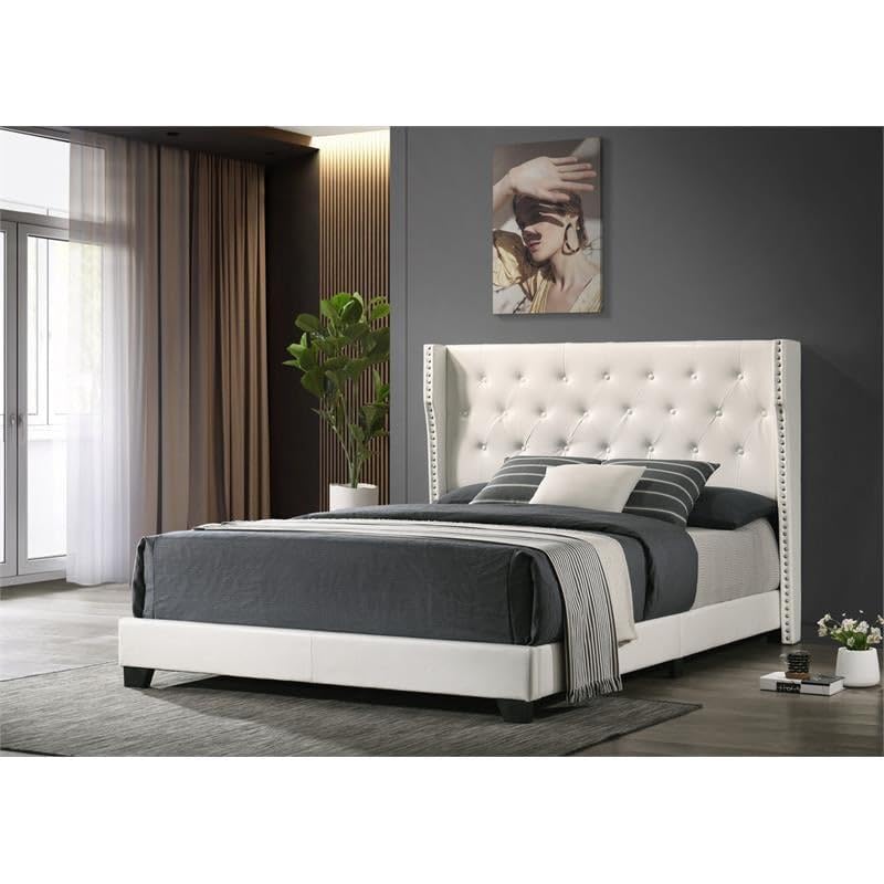 Comtemporary Upholstered Full Bed, White Faux Leather