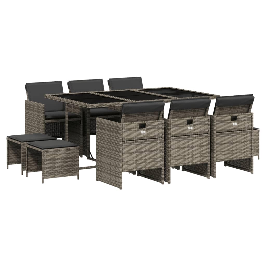 vidaXL 11 Piece Patio Dining Set with Cushions - Gray Poly Rattan Garden Table and Chairs/Stools - Compact Storage, Comfortable Seating, Easy Maintenance, Tempered Glass Tabletop