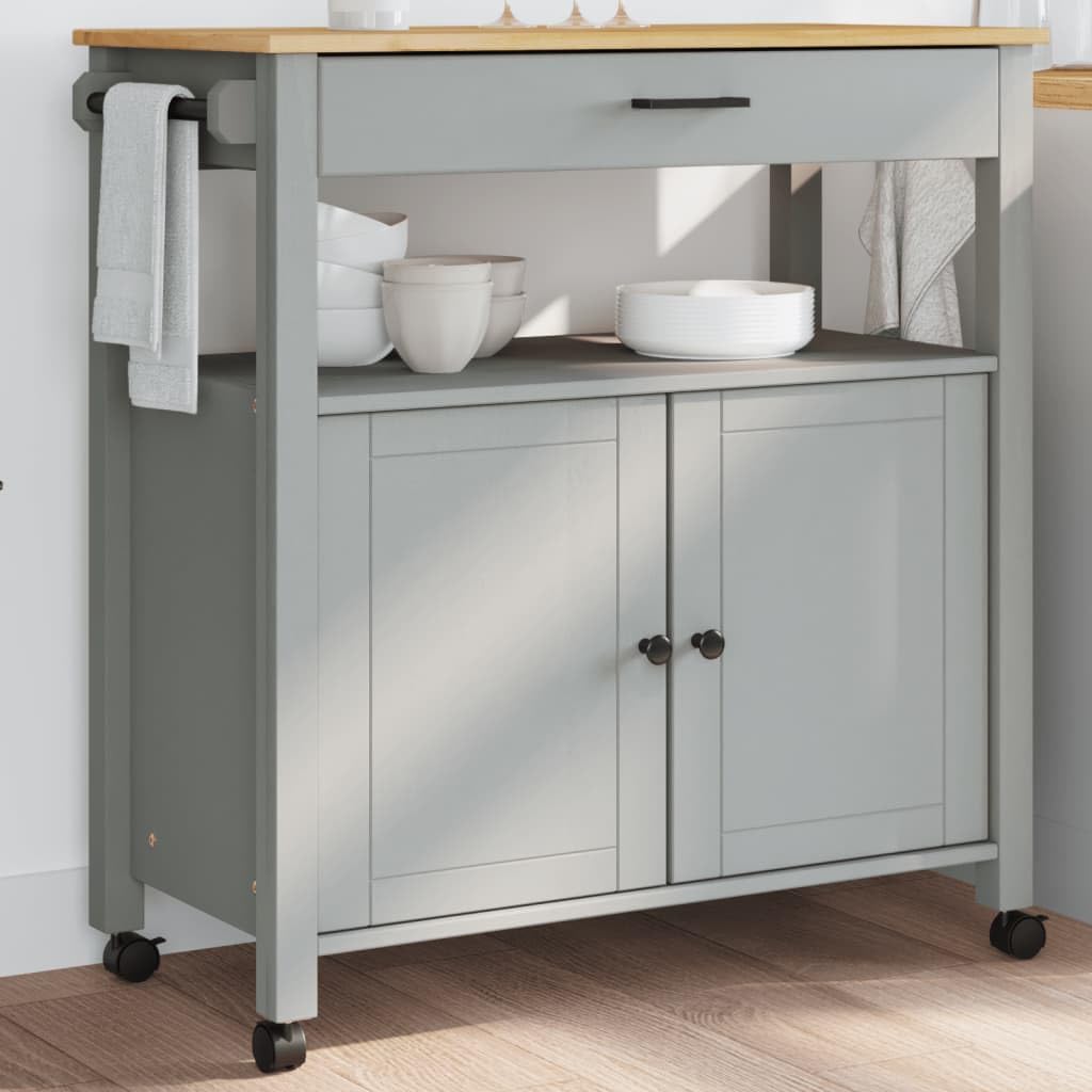 vidaXL Kitchen Trolley Solid Pine Gray Honey Wax Finish - Multipurpose Rolling Storage Cart with Drawer, Cabinet, Hanger & Hooks
