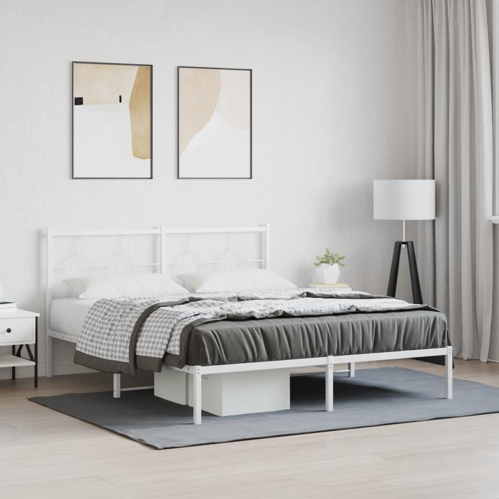 vidaXL White Steel Double Bed Frame with Headboard - Elegant Metal Slats Design (59.1"x78.7") for Modern Bedroom