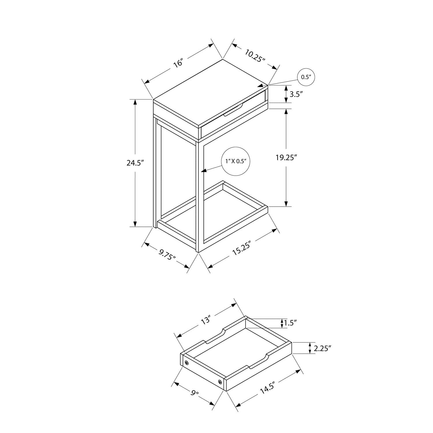 Monarch Specialties I 3601 Accent Table, C-Shaped, End, Side, Snack, Storage Drawer, Living Room, Bedroom, Metal, Laminate, White, Contemporary, Modern