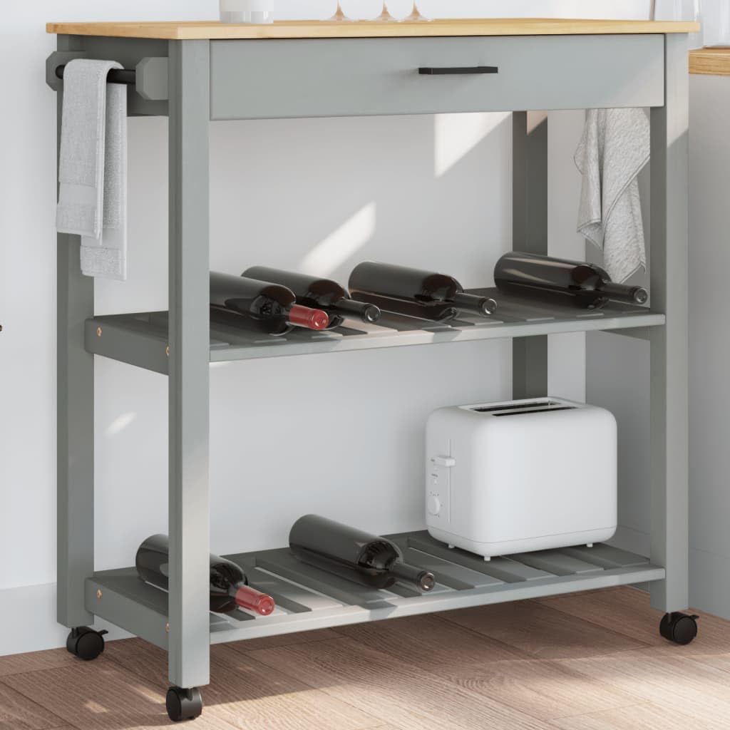 vidaXL Kitchen Trolley Rolling Cart - Solid Pine Wood in Gray/Honey Wax, Versatile Use with Storage and Wheels, 33.1x15.7x35.4 inches