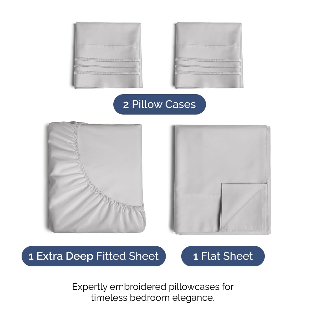 Extra Deep Pocket King Sheets - 4 Piece Breathable & Cooling Bed Sheets - Hotel Luxury Bed Sheet Set - Soft, Wrinkle Free & Comfy - Easily Fits Extra Deep Mattresses - Deep Pocket Light Grey Sheets