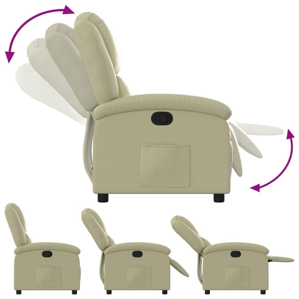 vidaXL Recliner Chair - Cream Real Leather Lounger - Manual Reclining with Solid Wood & Metal Frame, Padded Armrests, Side Pocket, 242.5 lb Load Capacity - Living Room/Office
