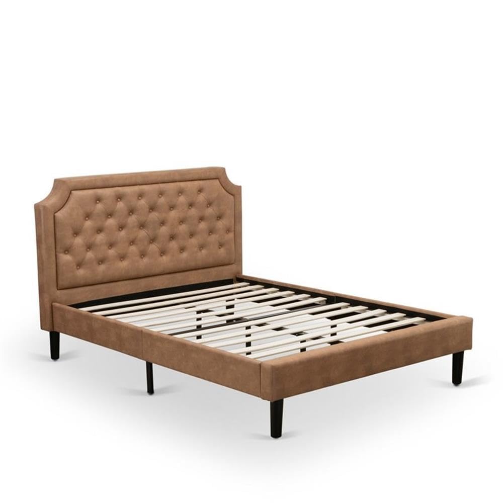 East West Furniture Granbury 2-Piece Platform Wooden Set for Bedroom with Button Tufted Queen Size Bed and 1 Antique Mahogany Mid Century Modern Nightstand-Brown Faux Leather Texture and Black Legs