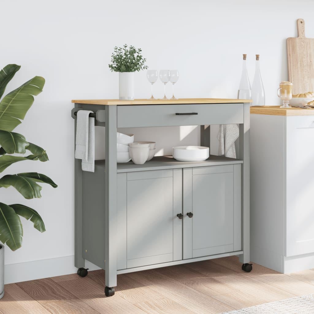 vidaXL Kitchen Trolley Solid Pine Gray Honey Wax Finish - Multipurpose Rolling Storage Cart with Drawer, Cabinet, Hanger & Hooks