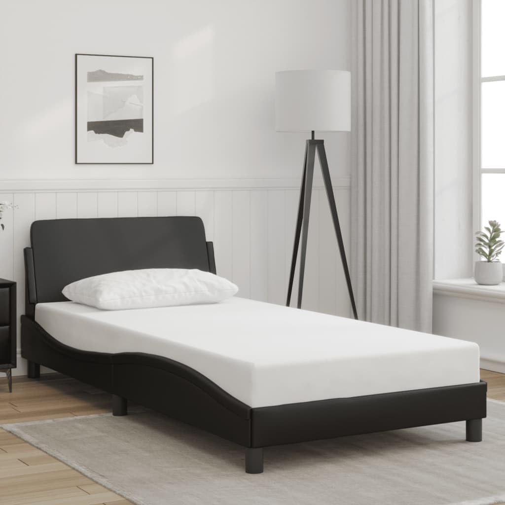 vidaXL Black Faux Leather Single Bed Frame with Wave Design Headboard, Plywood Slats System - Chic and Supportive 39.4"x74.8"