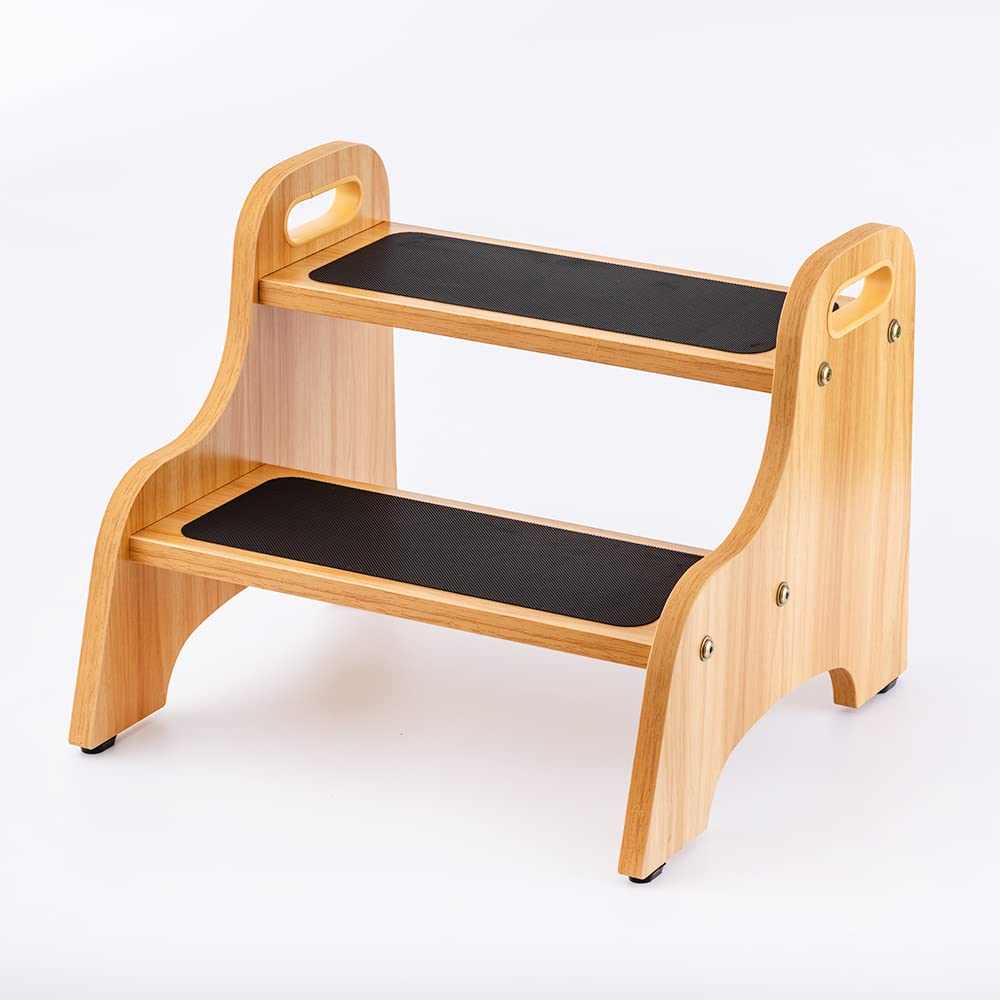 Strongtek Wooden 2 Step Stools For Kids, Toddler With Non-Slip Stepping Surface, Portable Stool With Handles For Bathroom Kitchen And Bedroom, 400 Lbs Capacity (Natural)