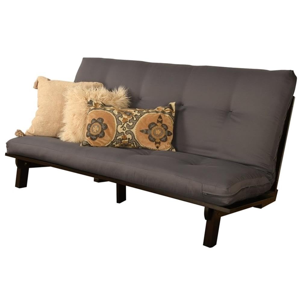 Kodiak Furniture Carson Full Size Futon Frame and Mattress Set - Java Brown Finish Wood Futon Frame with Mattress Included in Twill Gray Color