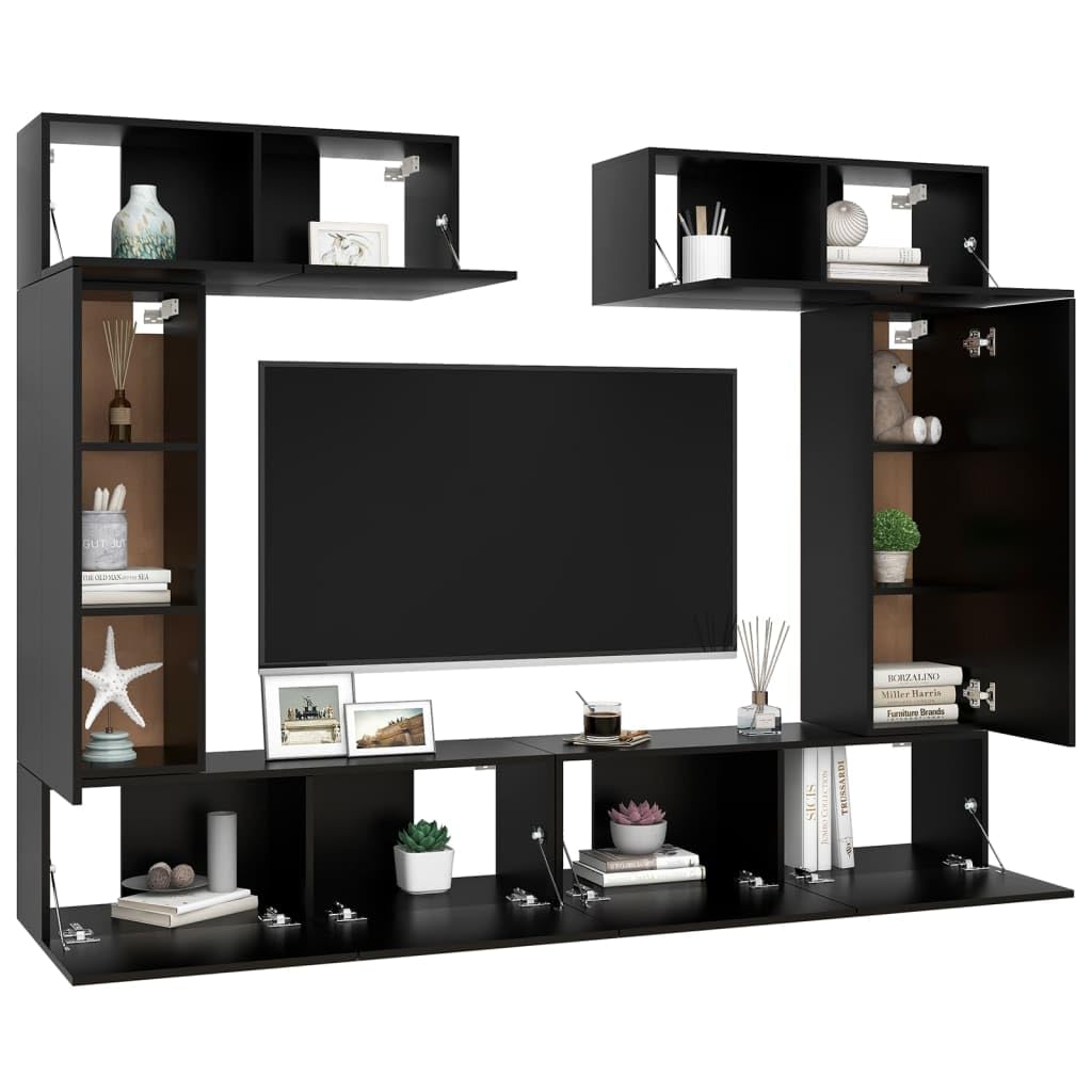 vidaXL TV Stand Set 6 Piece, TV Unit for Living Room Bedroom, Sideboard with Storage, Media Unit Cupboard, Modern, Black Engineered Wood